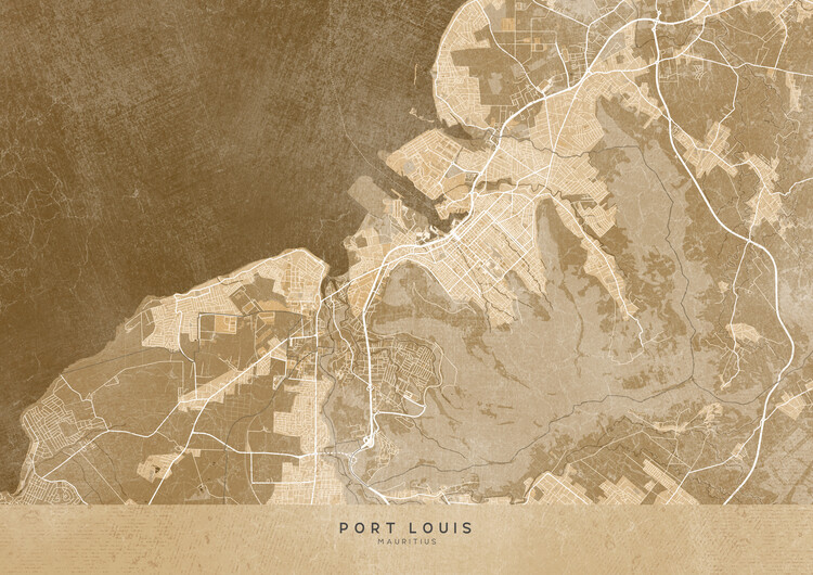 Poster Map of Port Louis (Mauritius) in sepia vintage style
