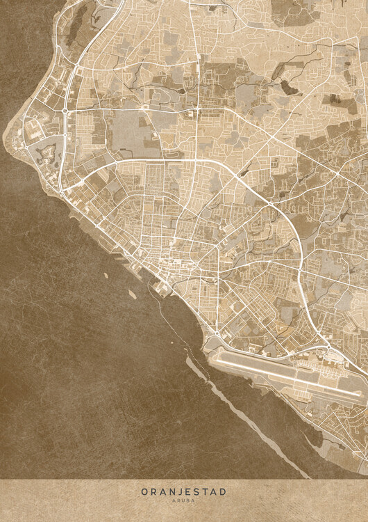 Plakát Map of Oranjestad (Aruba) in sepia vintage style