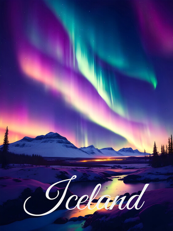 Poster Iceland Northern Lights Travel Poster