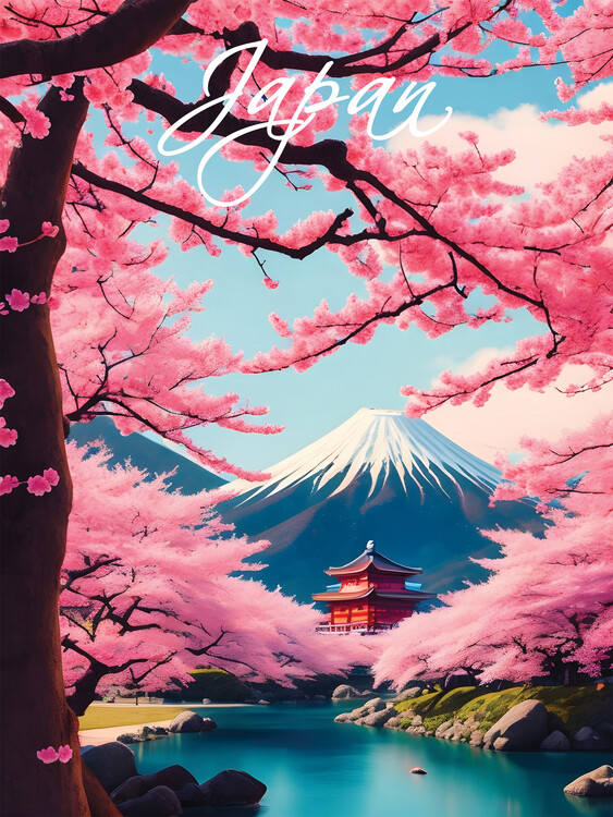 Плакат Cherry Blossom at Mount Fuji Japan Travel Poster