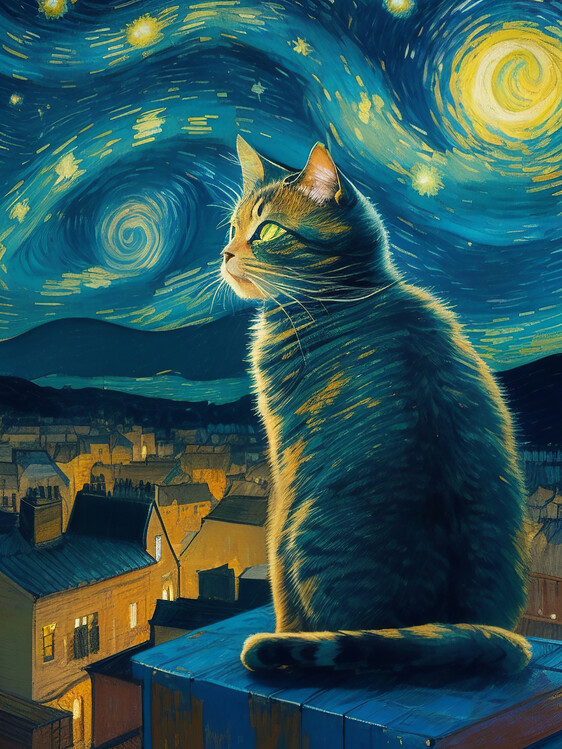 Poster starry night cat