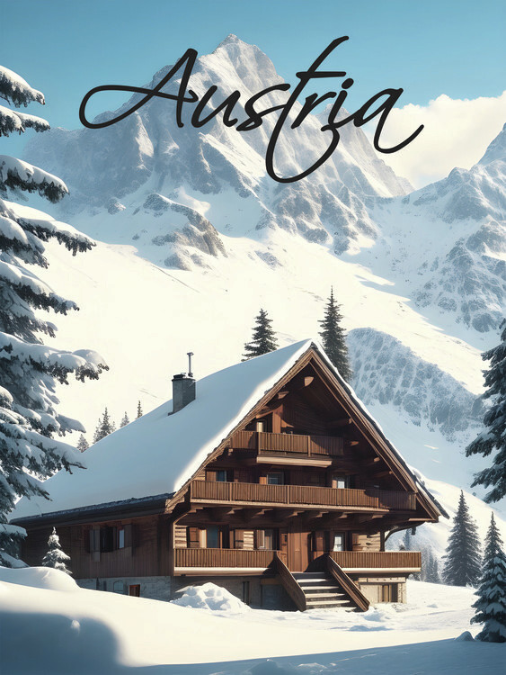 Plakát Austria Alps Chalet Travel Poster
