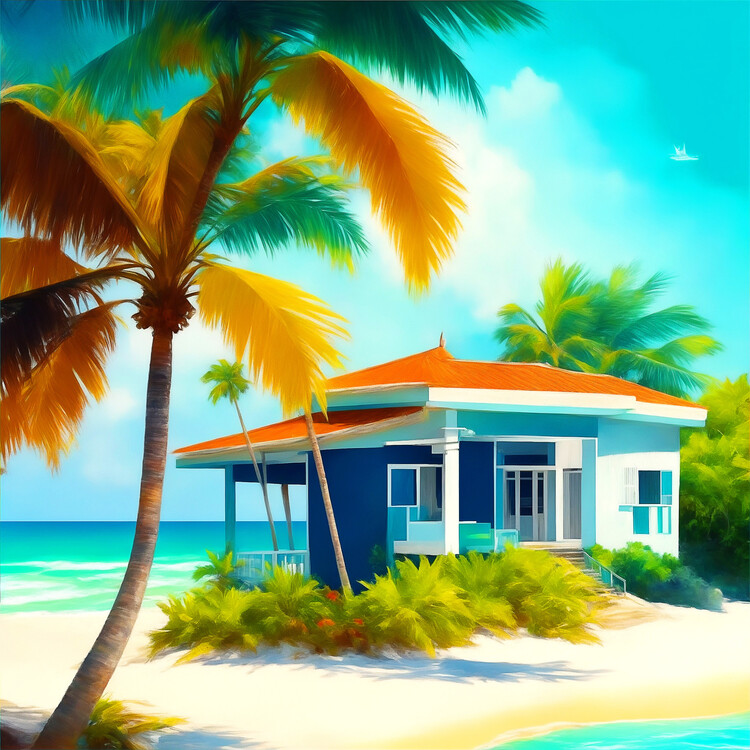 Poster Digital painting home & palm near beach, wall art prints