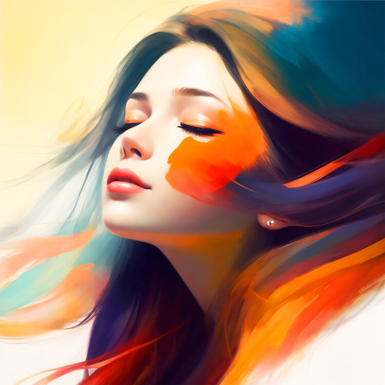 Poster Beautiful woman painting, eyes closed, long hair portrait