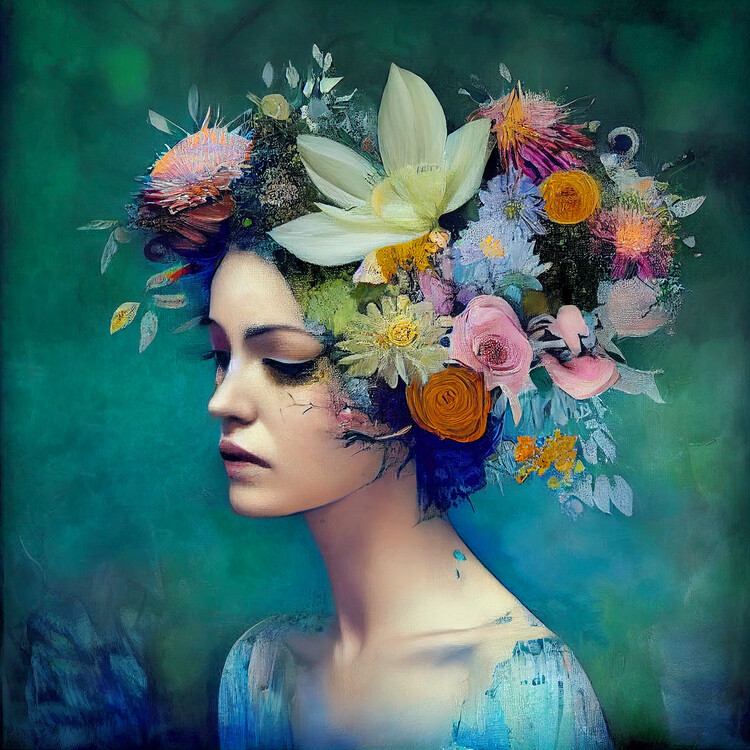 Poster Beautiful woman with flowers, Abstract painting, wall prints