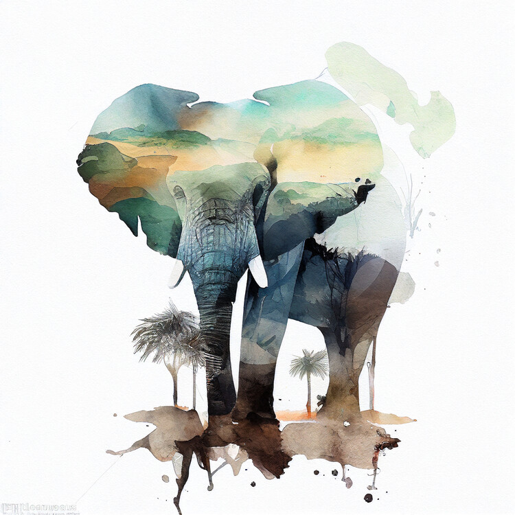 Poster Watercolor elephant & African savanna painting, wall prints