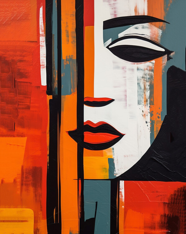Poster Abstract minimal straight lines oil on canvas, woman face