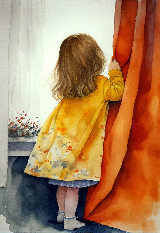 Poster Little Girl playing Hide, watercolor painting, art prints