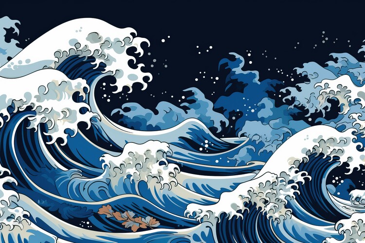 Poster Japanese painting style storm waves