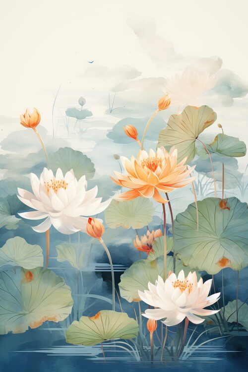 Plakat Flowers in the pond in Japanese painting style