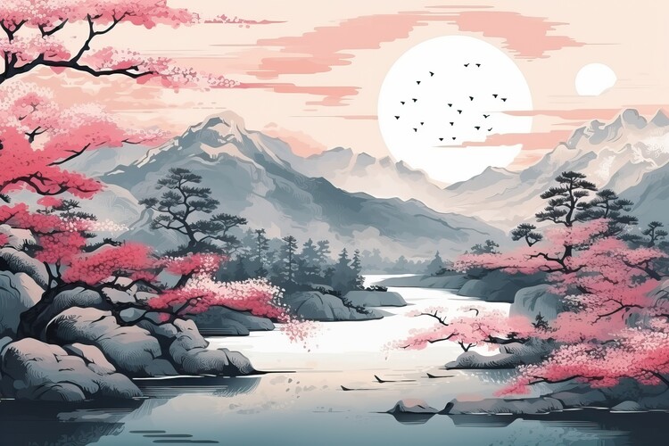 Плакат Japanese landscape painting style