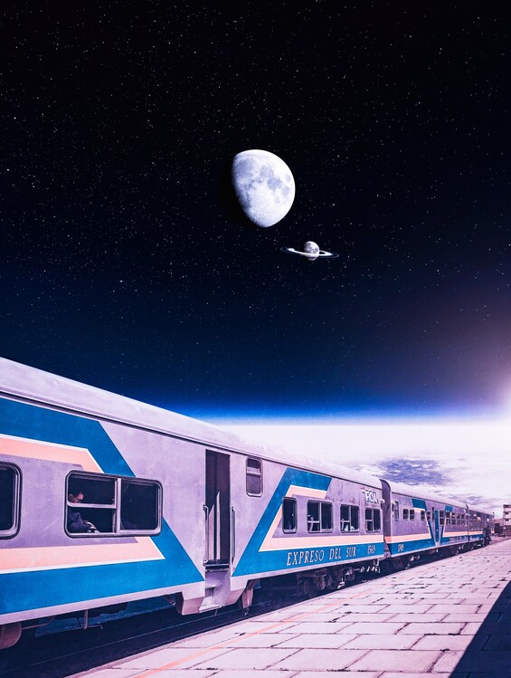 Poster Station and train to space with moons