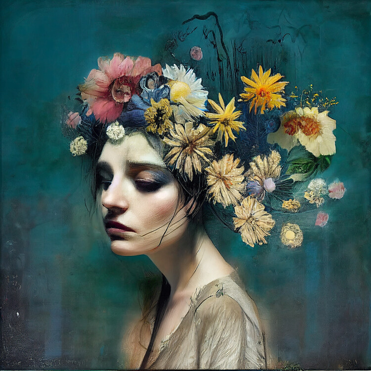 Poster Beautiful girl & flowers, Abstract painting, Wall Art prints