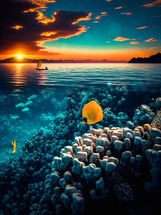 Plagát Tropical seascape and sunset background