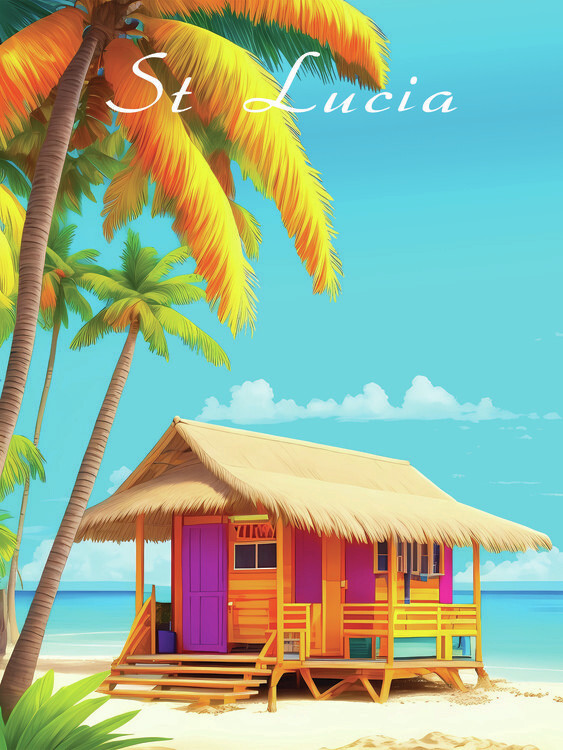 Poster St Lucia Beach Hut Travel Poster