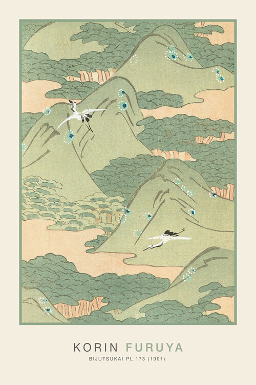 Poster Cranes & Mountains in Pastel Green (Japandi) - Furuya Kōrin