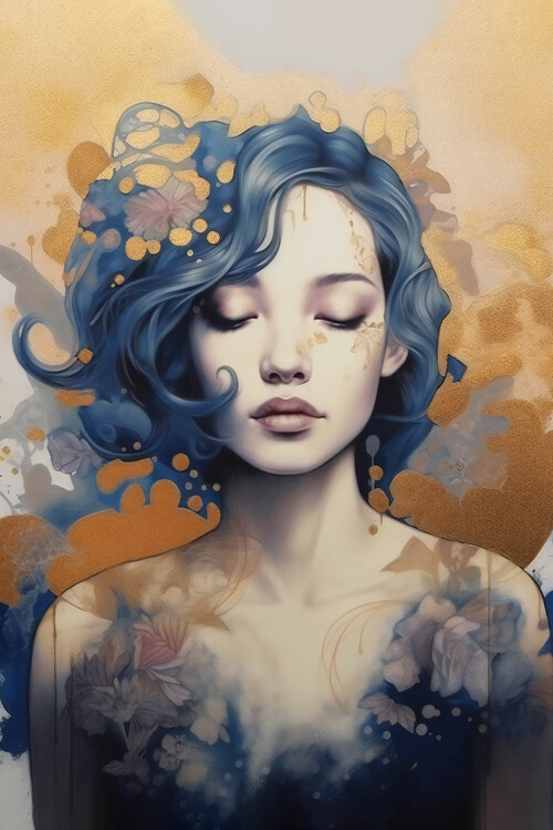 Poster Emel Tunaboylu - Blue haired Girl with gold texture