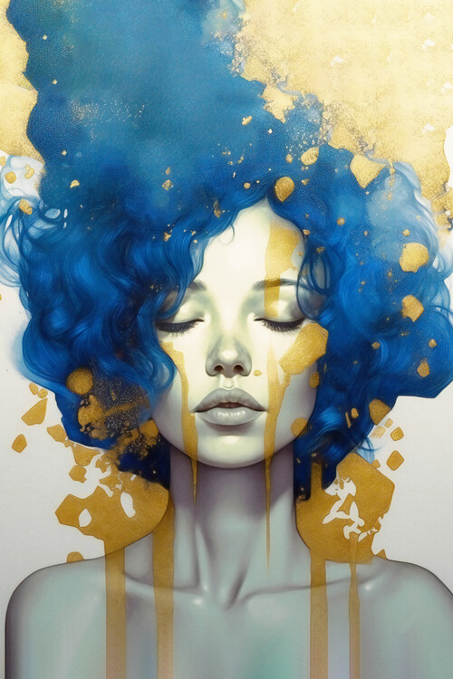 Poster Emel Tunaboylu - Blue haired Girl with gold reflections