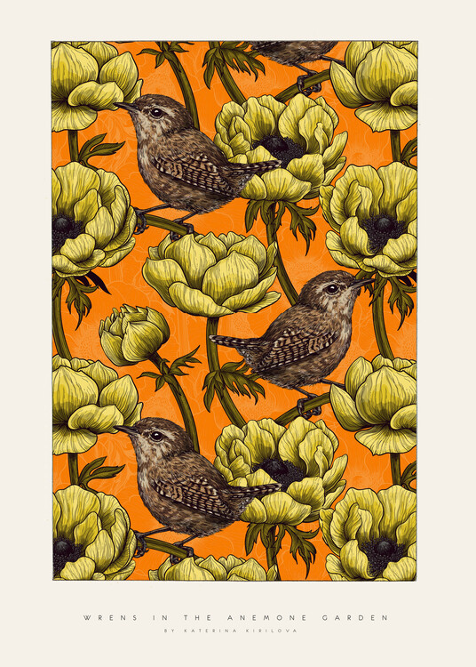 Плакат Katerina Kirilova - Wrens in the Anemone Garden - yellow