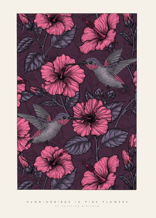 Плакат Katerina Kirilova - Hummingbirds in pink flowers