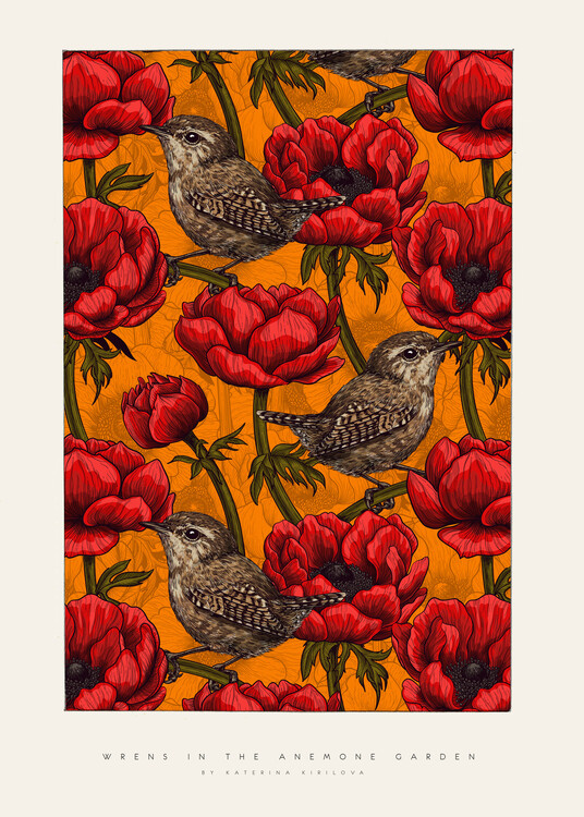 Плакат Katerina Kirilova - Wrens in the Anemone Garden - red