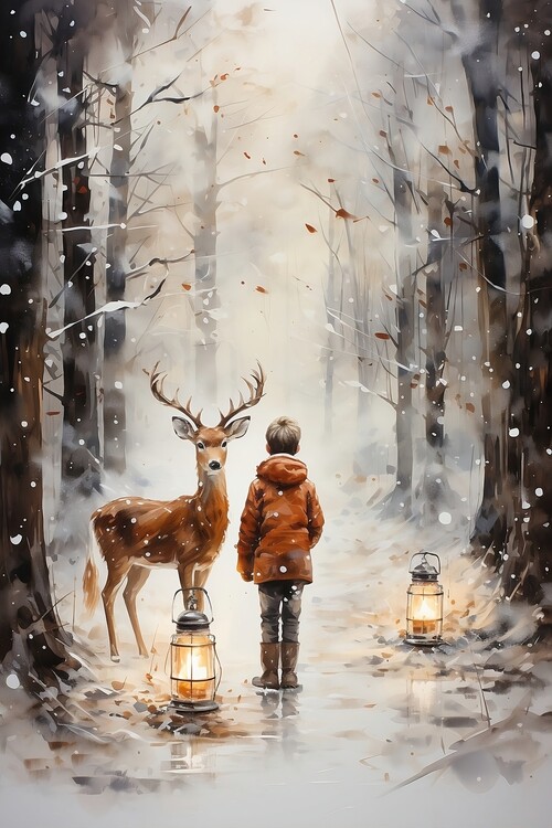 Poster Christmas Magic, Boy meets raindeer