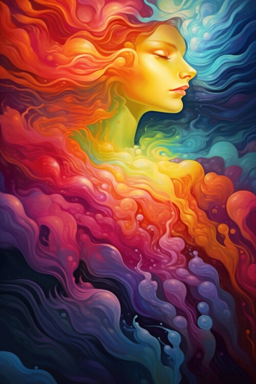 Poster Mystic Aura - Abstract Woman in Colorful Waves Art