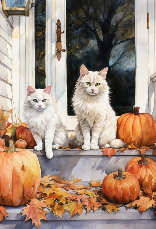 Poster White Cats & Pumpkins Painting, Cats Painting, Autumn Paint
