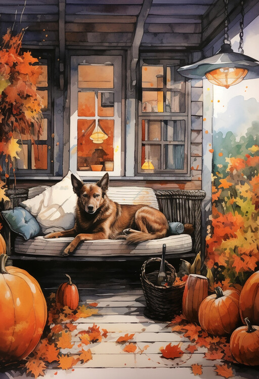 Poster Dog Sleeping on Cozy Porch Painting, dog painting