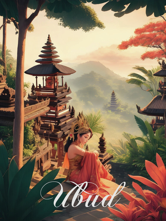 Plakát Ubud Bali Temple in the Mountains Travel Poster
