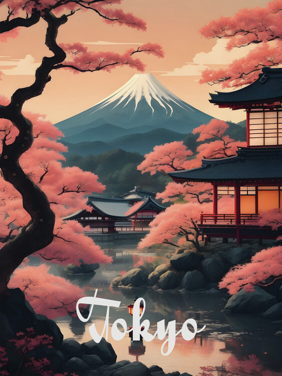 Poster Tokyo Temple by Mount Fuji Travel Poster