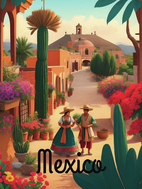 Plakát Mexico Traditional Village Scene Travel Poster