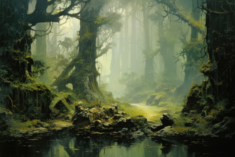 Poster Mysterious Green Forest Painting