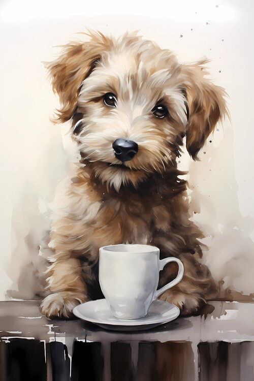 Poster Dog drinking coffee
