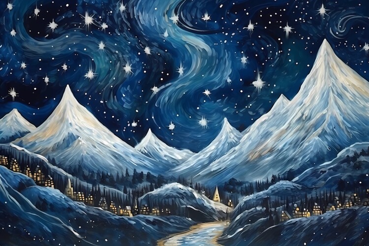 Poster Moutains at night, starry night