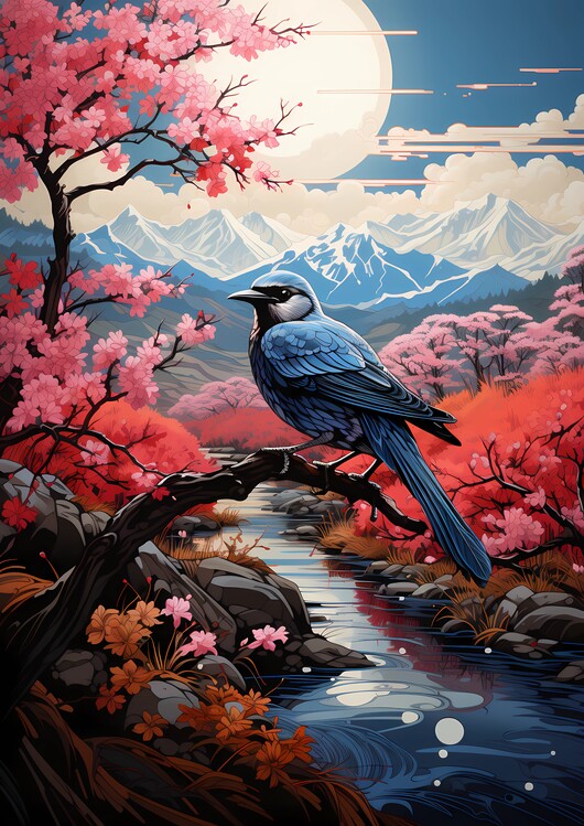 Poster Bird by mount fuji