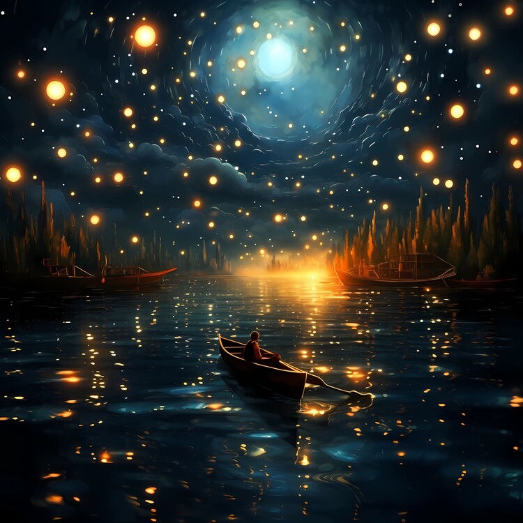 Poster Boat, beautiful magical starry night