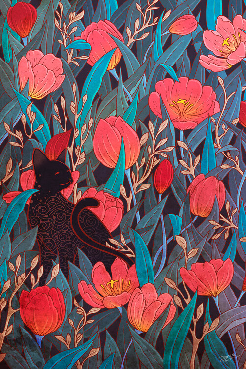 Poster Black cat and tulips