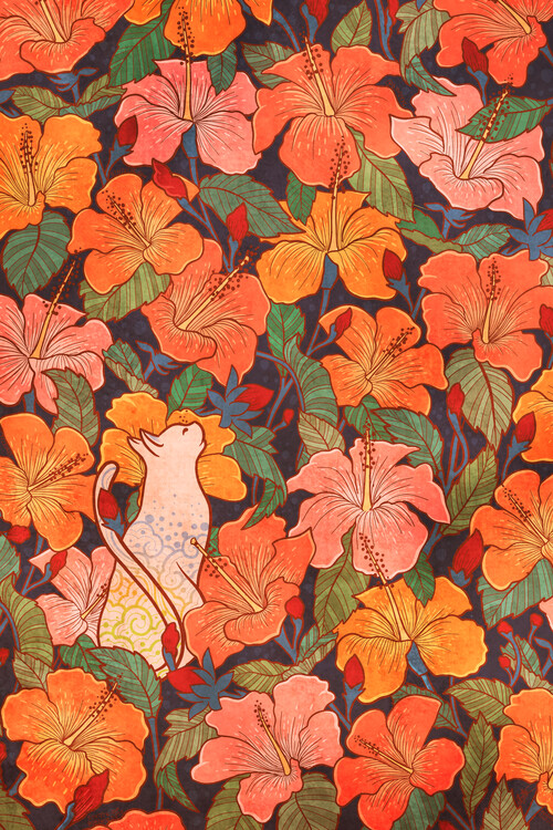 Poster Cat and hibiscus