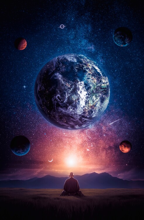 Plagát Buddhist monk meditating space vibes