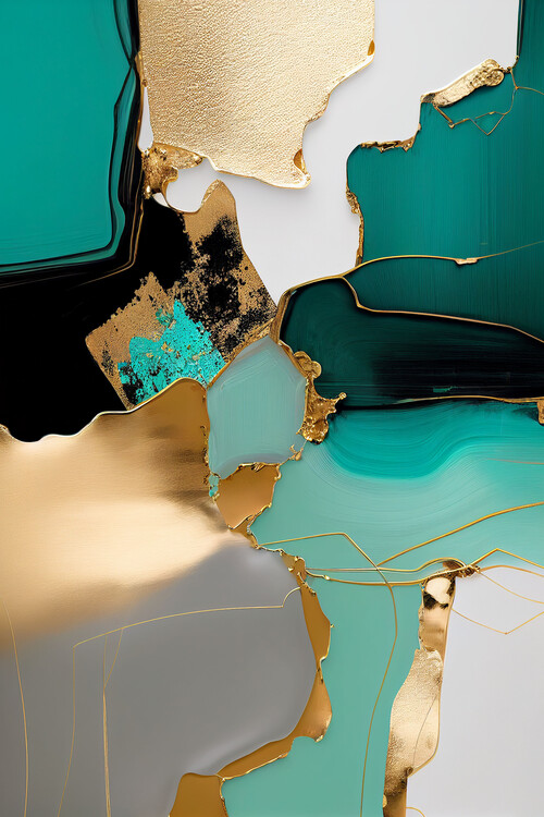 Poster Abstract minimalist, golden & turquoise blue green color