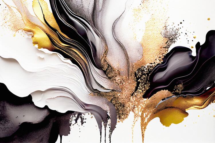 Poster Abstract alcohol ink, shiny black gold glitter spirit