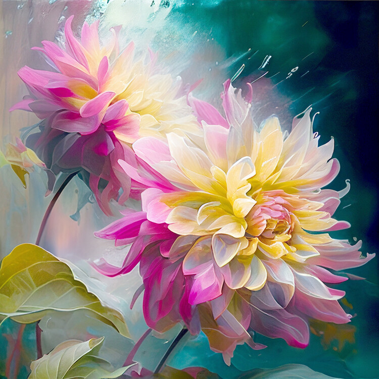 Plakat Abstract pink & yellow dahlias bent by an icy wind, wall art