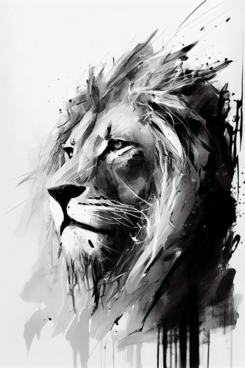 Plakat Minimalist sketch of a black & white lion, animal Art prints