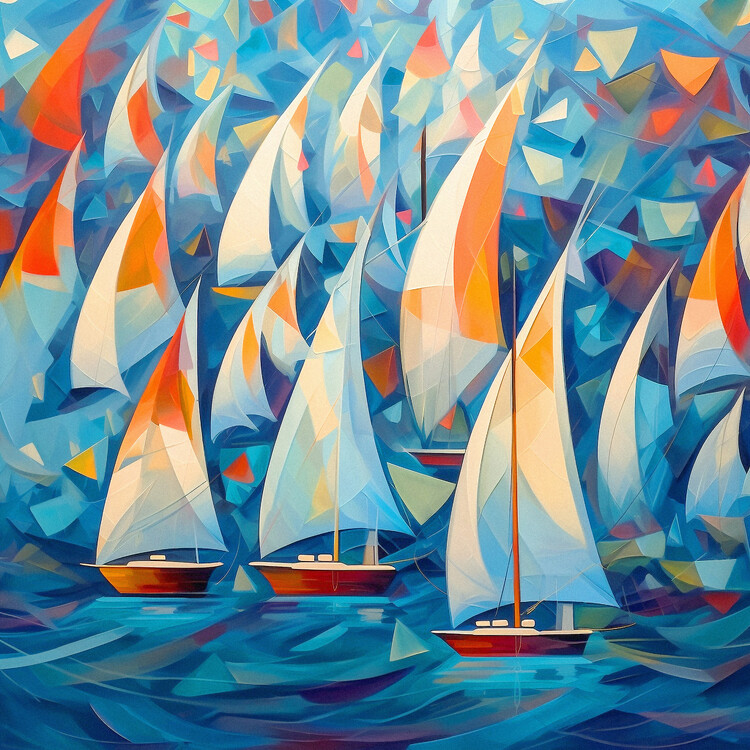 Poster Abstract sailboats in the sea, white triangular sails