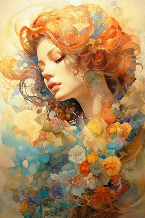 Poster beautiful watercolor woman portrait, abstract ornamental art