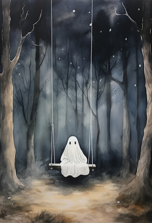 Poster Ghost on Swing, Ghost Painting, October Painting, Cute Ghost