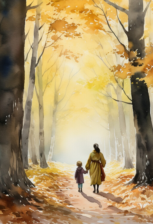 Poster Mother and Kid Walking through Forest, October Paint
