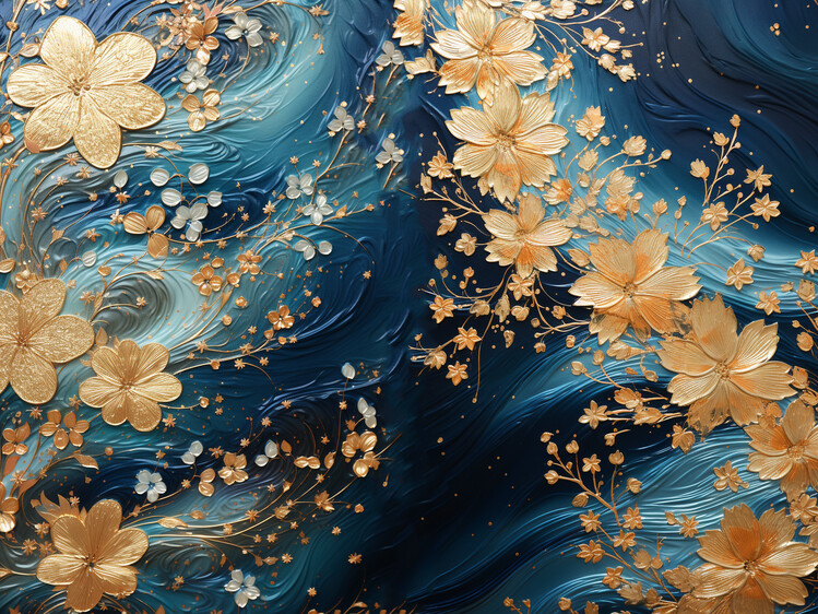 Poster Digital painting with glitter & golden colored flowers