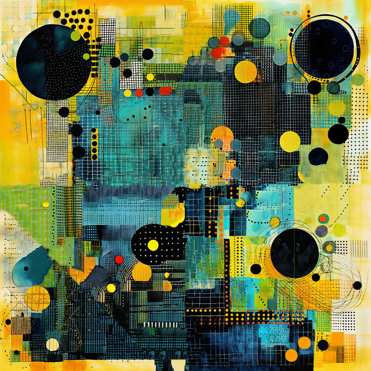Poster abstract painting composition yellow, blue, navy green & red